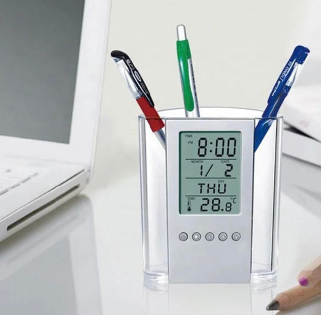 LCD Digital Alarm Clock Desk Pencil Pen Holder, Multi Function Pen Holder with Digital Time Clock, Perpetual Calendar Pen Holder LCD Digital Alarm Clock Desk Pencil Pen Holder, Multi Function Pen Holder with Digital Time Clock, Perpetual Calendar Pen Holder